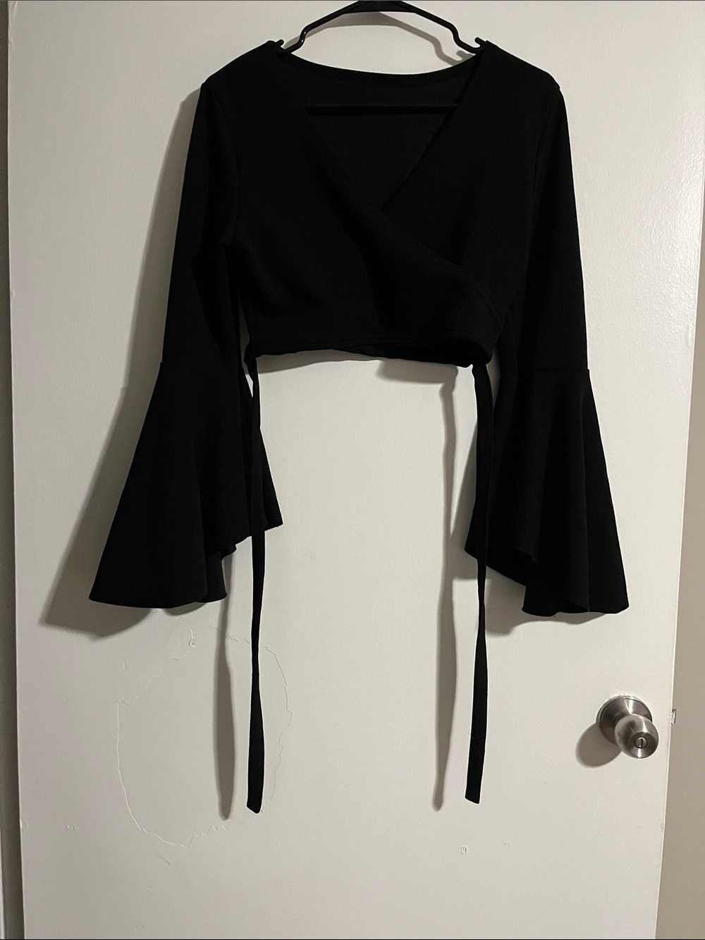 SHEIN Black Bell-Sleeve Wrap Crop Top